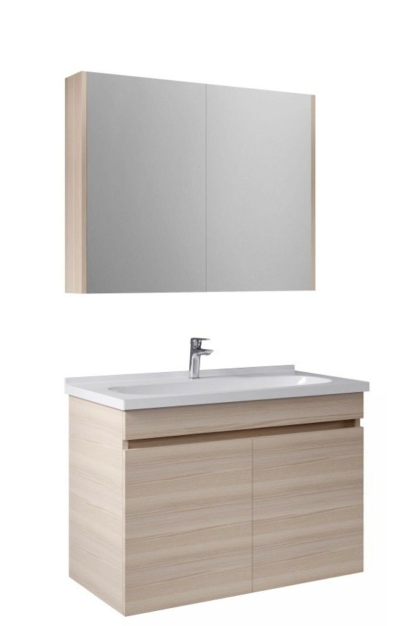 Krea 90 Cm Kapaklı Set Krem Meşe (Lavabo+Lavabo Dolabı+Düz Ayna)