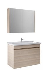 Krea 90 Cm Kapaklı Set Krem Meşe (Lavabo+Lavabo Dolabı+Düz Ayna)
